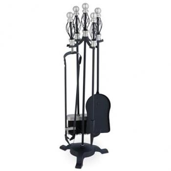 Black/Silver 5-Piece Fireplace Tool Set, Baroque Style, with Stand, Poker, Ash Shovel, Broom, Tongs