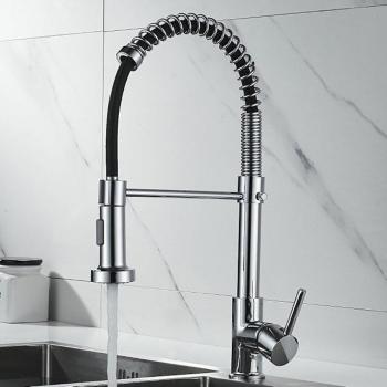 Single Handle Kitchen Faucet with Spring Pull Down Sprayer, Brass, Silver and Black