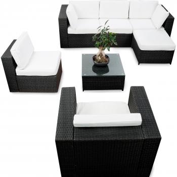 XINRO® Schwarzes Eckpolyrattan-Loungeset (Sessel, Ecke, Hocker, Tisch, Kissen) – 21 Stück