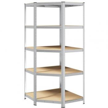 Étagère d'angle 5 niveaux en acier et bois d'ingénierie argenté