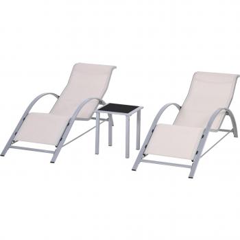 Set de 2 tumbonas con mesa de café de vidrio templado Outsunny