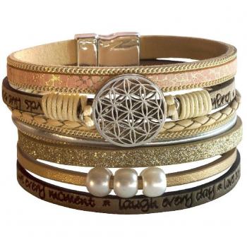 Saraswati Armband Blume des Lebens Kunstleder beige, Metall silberfarben mit M
