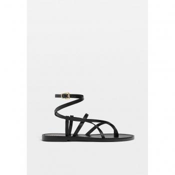 Stradivarius Flat Strappy Leather Sandals Black Size 8