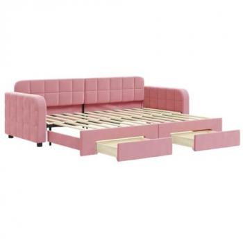 Lit de jour en velours rose avec gigogne et tiroirs 80x200 cm