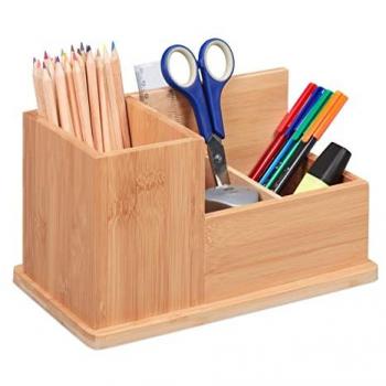 Organizador de Oficina de Bambú, Relaxdays, portalápices, 14 x 24,5 x 14 cm, estilo natural