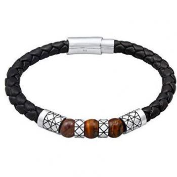 Kuzzoi Armband Herren Leder Bead Magnetverschluss 925er S, Schwarz, 23 cm