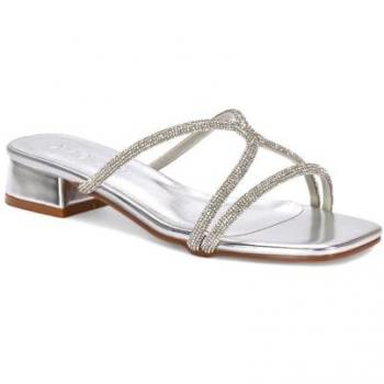 Olivia Strappy Low Block Heel Diamond Sandals Square Toe – Metallic Finish
