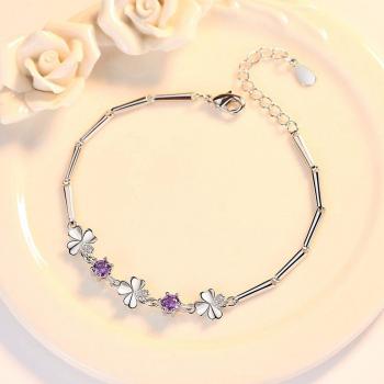 Purple Crystal Flower Pattern Silver Bracelet