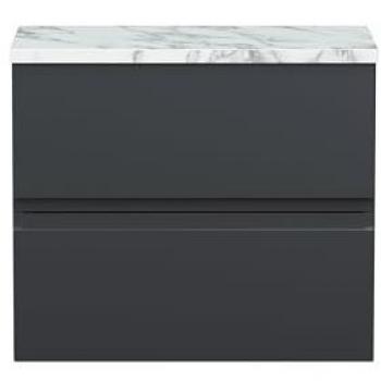 Urban Soft Black 600mm Wall Hung Vanity Unit with Carrera Marble Laminate Worktop and Soft Close Drawers