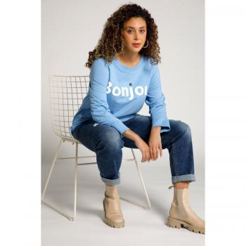 Felpa con scritta, scollo girocollo, maniche lunghe, Donna, Blu, Taglia 48/50, Cotone, Ulla Popken
