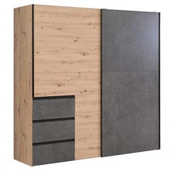 Armario 2 puertas correderas WINTER2 200 cm con cajonera exterior de 3 cajones en roble artisan y gris