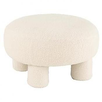 Pouf Rond Teddy Bouclette Velours Blanc 52cm