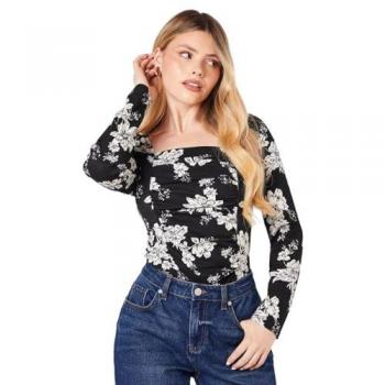Womens Mono Floral Ruched Front Long Sleeve Top