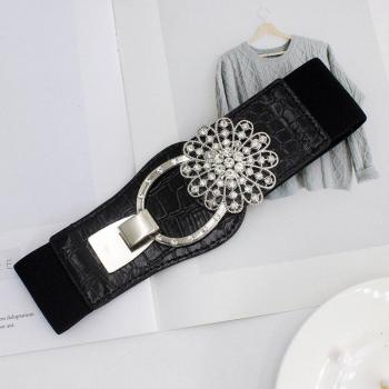 Ceinture Femme Noire Élastique avec Boucle en Métal et Décoration en Diamant