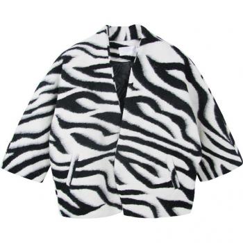 Chaqueta corta de lana con patrón de cebra para mujer, cuello en V, ropa casual, blanco y negro, 2022