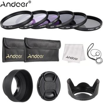Andoer 49-77mm Objektivfilter-Kit UV + CPL + FLD + ND (ND2 ND4 ND8) mit Tragetasche und Gummihaube