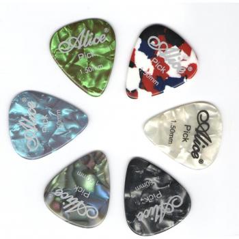 Set de 6 médiators Alice en celluloïd pour guitare, épaisseurs 0.46 à 1.50 mm, couleurs aléatoires