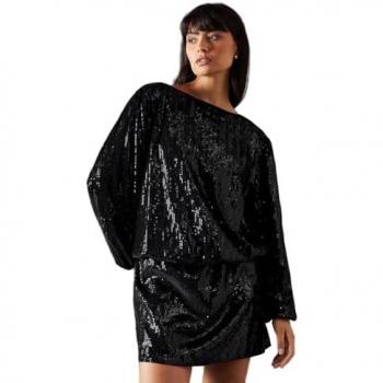 Black Velvet Sequin Long Sleeve Blouson Mini Dress