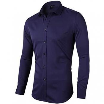 INFLATION Men's Bamboo Slim Fit Long Sleeve Shirt, Navy Blue, Size XS