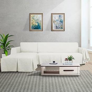 MAXIJIN L Shape Sofa Covers 2 Piece Corner Sofa Cover for Sectional Couch Linen Sofa Slipcover with Ruffles, Reversible Furniture Protector for Dogs (3 Seat and Right Chaise, Off White)