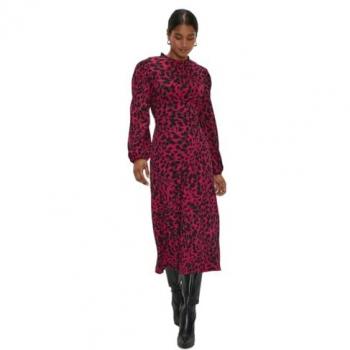 Womens Pink Leopard Frill Neck Midi Dress