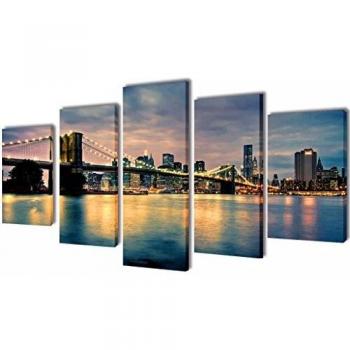 VidaXL Canvas Wall Print Set Brooklyn Bridge Night Lights 160 x 80 cm