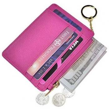 Ehsbuy Slim Rose Leather Zipper Coin Purse Keychain Wallet