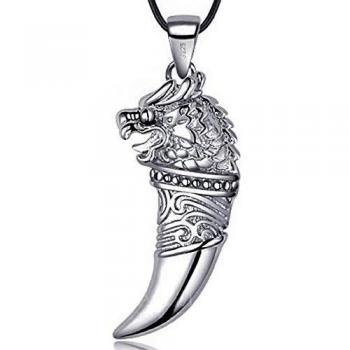 Sterling Silver Wolf Tooth with Dragon Head Pendant, 22 Necklace