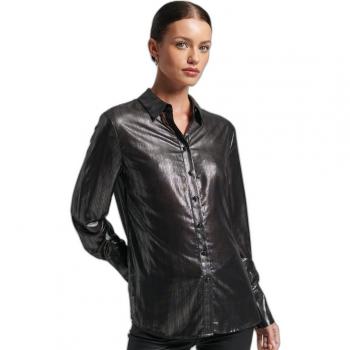 Camisa de Mujer Superdry, Lúrex Negro Brillante, Casual, Manga Larga, Talla L