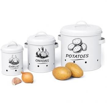 Compact White Metal Root Veggie Containers – 3 Pack, Lid Included