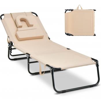 Sedia a Sdraio Versatile BreezeFit con Foro per il Viso, 3 Cuscini Rimovibili e Schienale in 5 Livelli – Beige