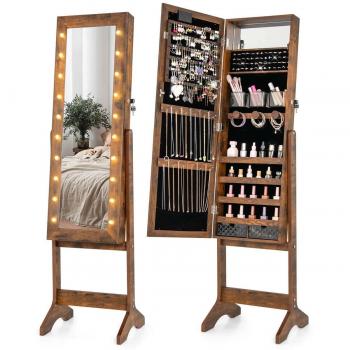 LED Lighted Brown Jewelry Cabinet with Full-Length Mirror