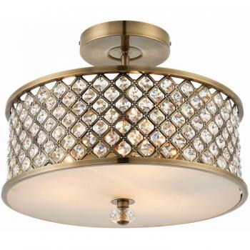 Hudson 3 Light Flushmount Antique Brass with Crystal Shades and E27 Socket Holders