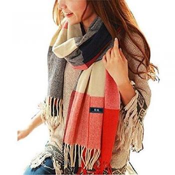 Long Stole Scarf for Women, Warm Tartan Design, Blue and Red, M