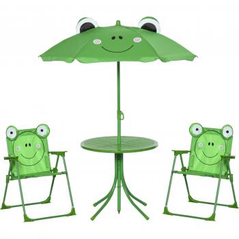 Outsunny Kids Outdoor Folding Picnic Table and Chair Set Frog Theme with Adjustable Umbrella, Green