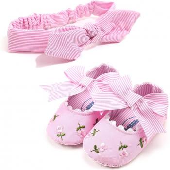 CANIS Non-slip Baby Girls Striped Floral Bowknot Shoes and Headband Set 0-18M