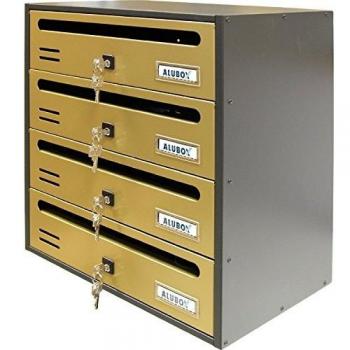 Cassetta per corrispondenza a muro Cubo/R in alluminio effetto bronzo, capacità di 4 scomparti per formato rivista standard