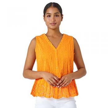 Yellow Eyelet Detail Embroidered Crinkle Blouse for Women