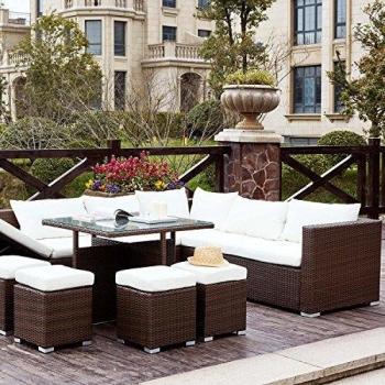 Salotto da Giardino 10 Posti Resina Intrecciata Castagna/Bianco Fidji