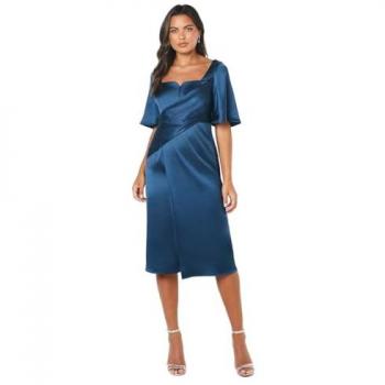 Satin Wrap Waist Flutter Sleeve Midi Dress for Wedding Guests, Indigo Blue (Size 10 UK)