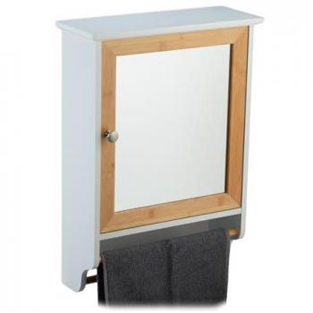 Armadio da Bagno con Specchio e 2 Scomparti, Portasciugamani, 55x40x14,5 cm, Relaxdays in Bambù Bianco