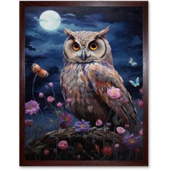 Wildflower Spring Owl Masterpiece – Great Horned, Purple & Blue, Framed