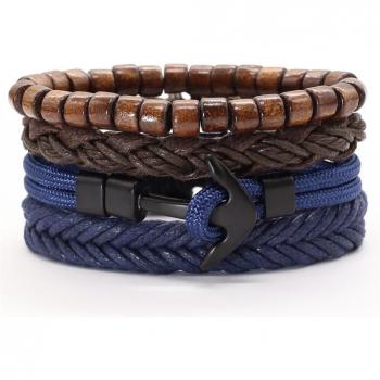 Set de pulseras de cuero con búho y cuentas de madera, 4 unids