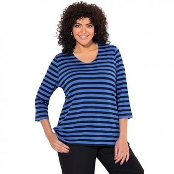 Ulla Popken Damen T-Shirt mit Ringelmuster und V-Ausschnitt