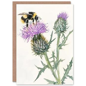 Watercolor Bumblebee on Scottish Thistle Greeting Card