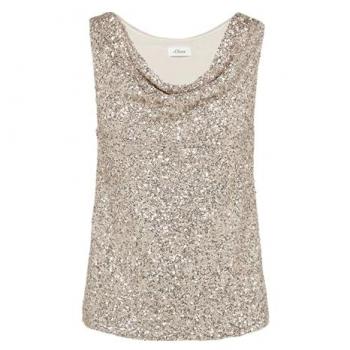 S.Oliver BLACK LABEL Pailletten-Mesh-Bluse mit tiefem Ausschnitt