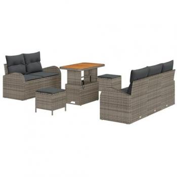 Canapé de jardin 8 pièces avec coussins gris en poly rotin acacia