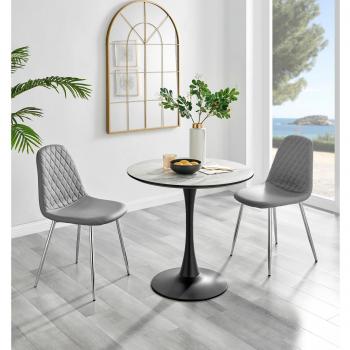 Round Dining Table with White Marble Finish and 2 Silver Chairs