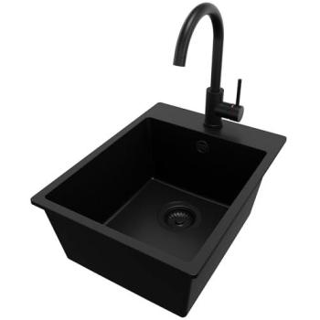 Évier Primagran Granit Noir 38x50 cm – Lavabo à Un Bac + Robinet 32x20 cm + Kit Vidange