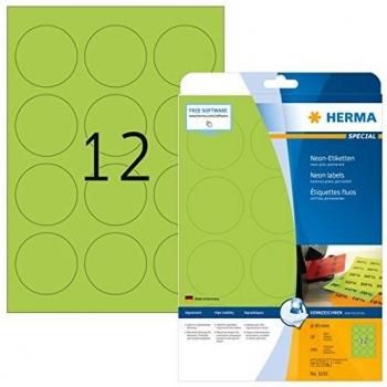 Étiquettes universelles avec adhésif permanent, forme ronde, diamètre 60 mm, couleur verte fluorescente, Herma 5155, 240 pièces